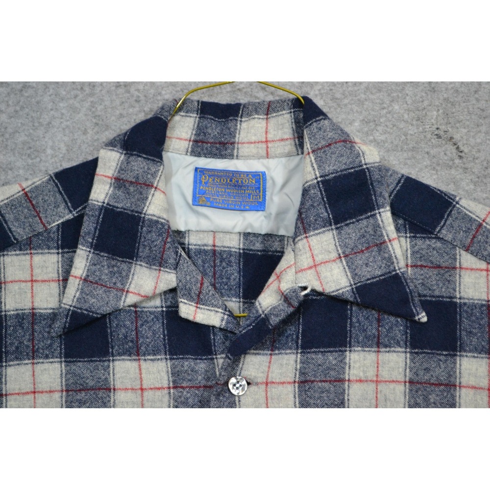 Vintage Pendleton Shirt Mens M Blue Cream Plaid Wool Flannel Long Sleeve USA